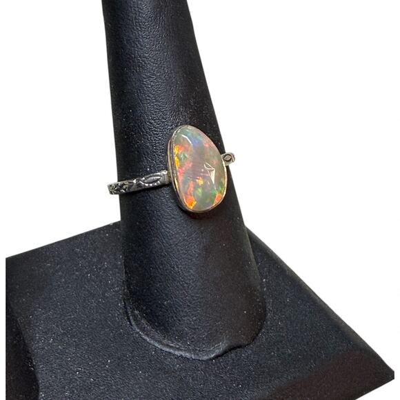 Pear Rose Cut Natural Ethiopian Opal Ring 925 Sterling Silver Size 9 Carved Band - Picture 4 of 5